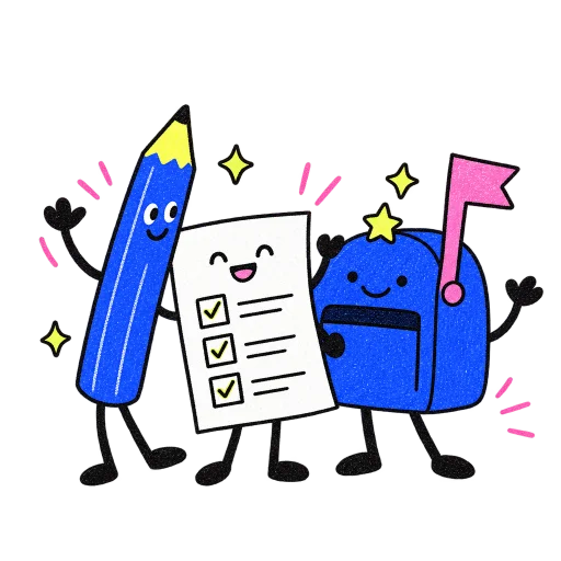 The pencil, the paper character and the mailbox standing together, waving hello.