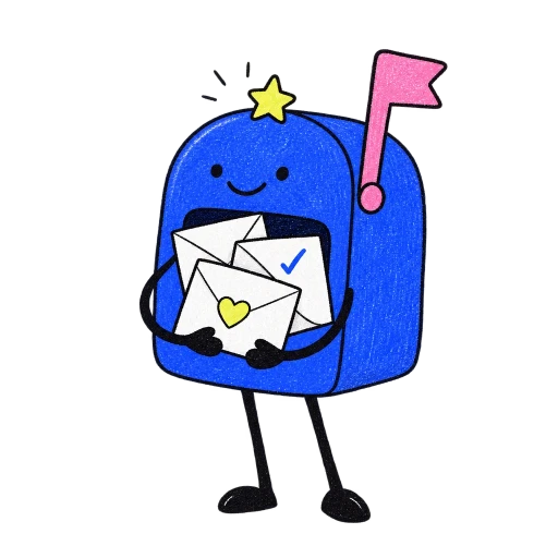 A friendly blue mailbox carefully holding a bundle of answers.