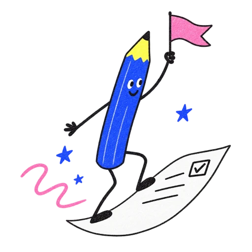 A blue pencil surfing on a sheet of paper, waving a pink flag.